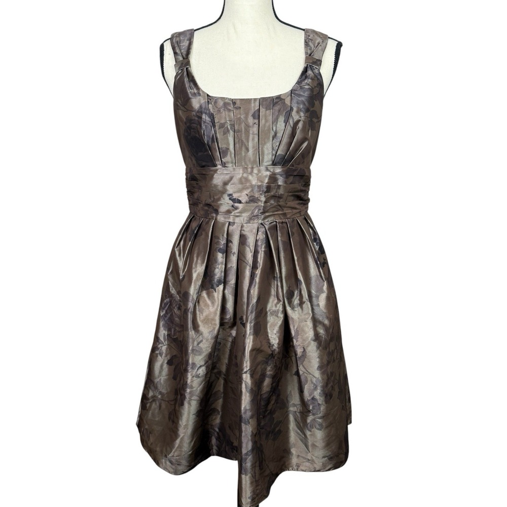 Peruvian Connection Borealis Dress Womens 4 Brown Satin Pleated Cocktail Party